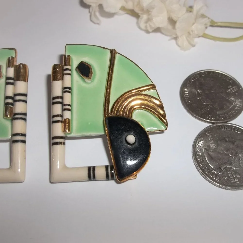 VINTAGE Earrings, Green Earrings, Porcelain Earrings, Art Deco Earring, 7691 - Picture 2 of 5